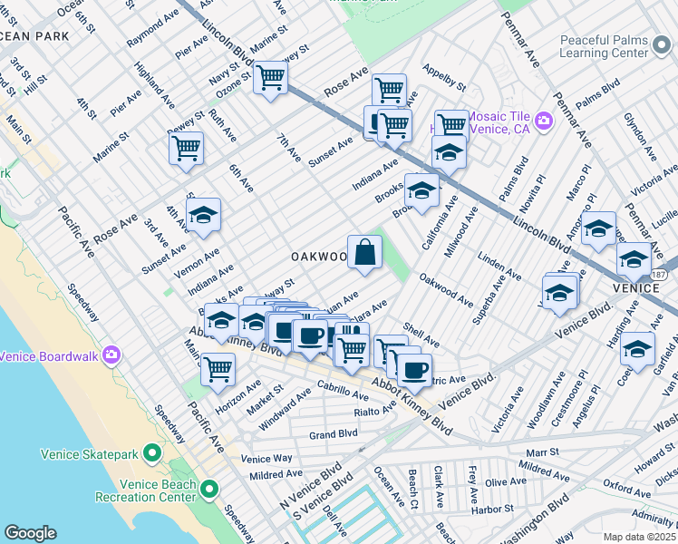 map of restaurants, bars, coffee shops, grocery stores, and more near 627 Westminster Avenue in Los Angeles