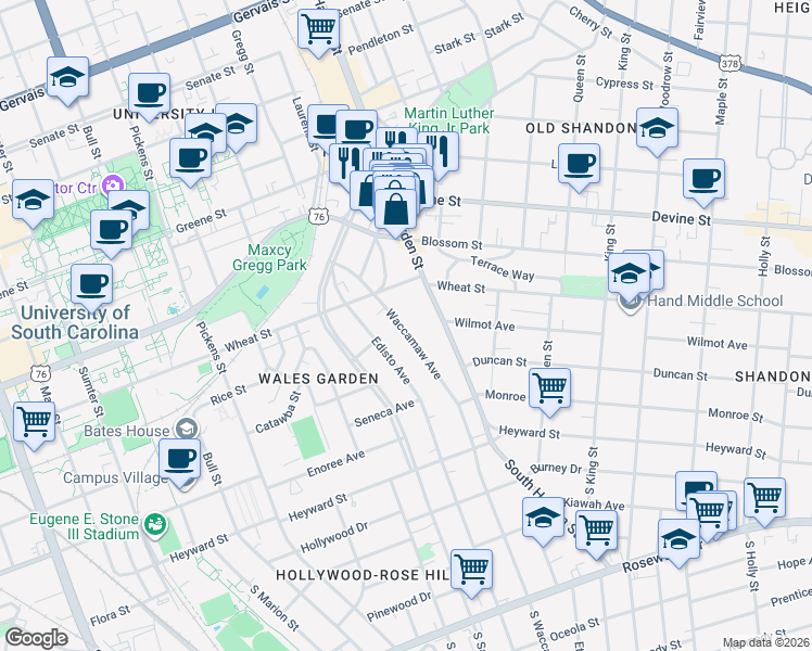 map of restaurants, bars, coffee shops, grocery stores, and more near 330 Waccamaw Avenue in Columbia