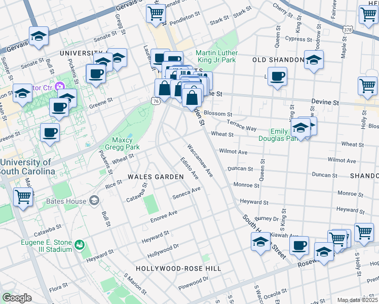 map of restaurants, bars, coffee shops, grocery stores, and more near 408 Edisto Avenue in Columbia