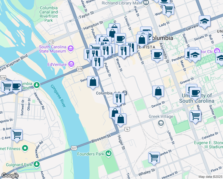 map of restaurants, bars, coffee shops, grocery stores, and more near 915 Pulaski Street in Columbia