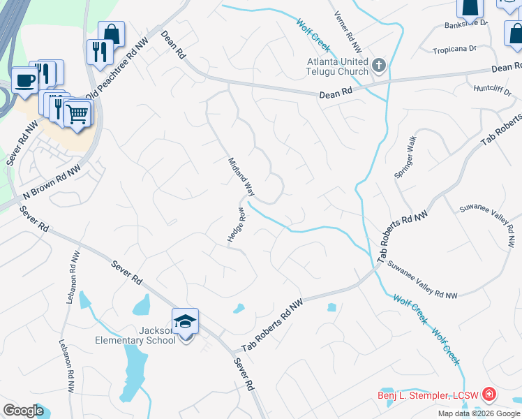 map of restaurants, bars, coffee shops, grocery stores, and more near 1220 Midland Way in Lawrenceville