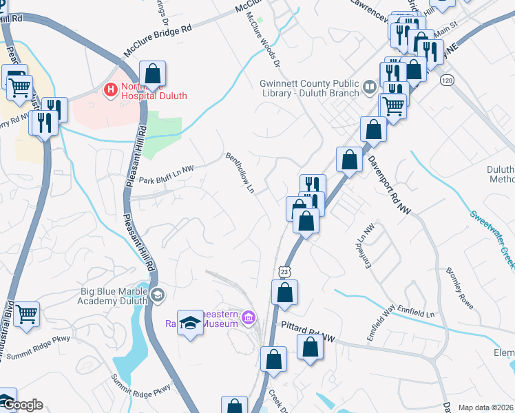 map of restaurants, bars, coffee shops, grocery stores, and more near 3314 Benthollow Lane in Duluth