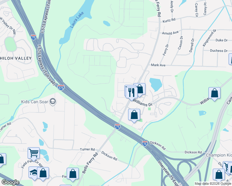 map of restaurants, bars, coffee shops, grocery stores, and more near 1765 Barrington Overlook in Marietta