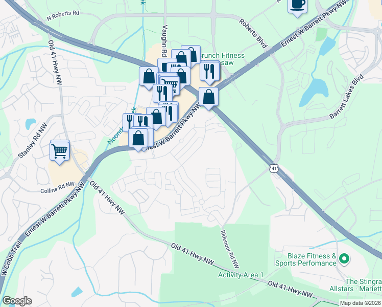 map of restaurants, bars, coffee shops, grocery stores, and more near 1748 Oak Brook Lane Northwest in Kennesaw