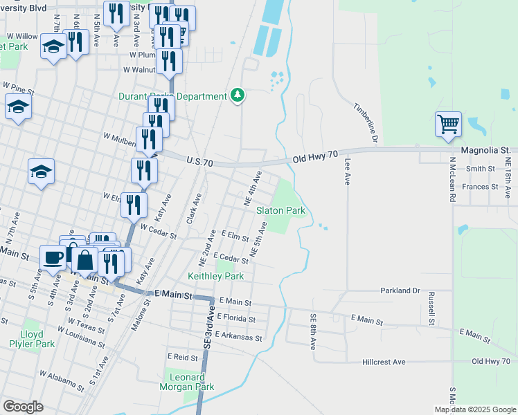 map of restaurants, bars, coffee shops, grocery stores, and more near 602 Northeast 4th Avenue in Durant