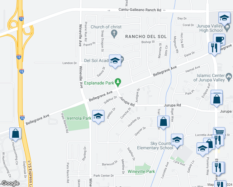 map of restaurants, bars, coffee shops, grocery stores, and more near 4963 Sulphur Drive in Jurupa Valley