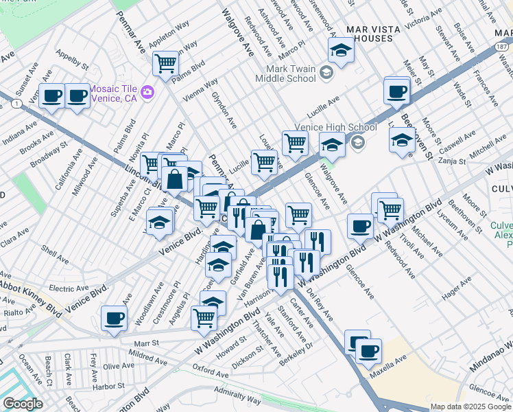 map of restaurants, bars, coffee shops, grocery stores, and more near 2419 Walnut Avenue in Los Angeles