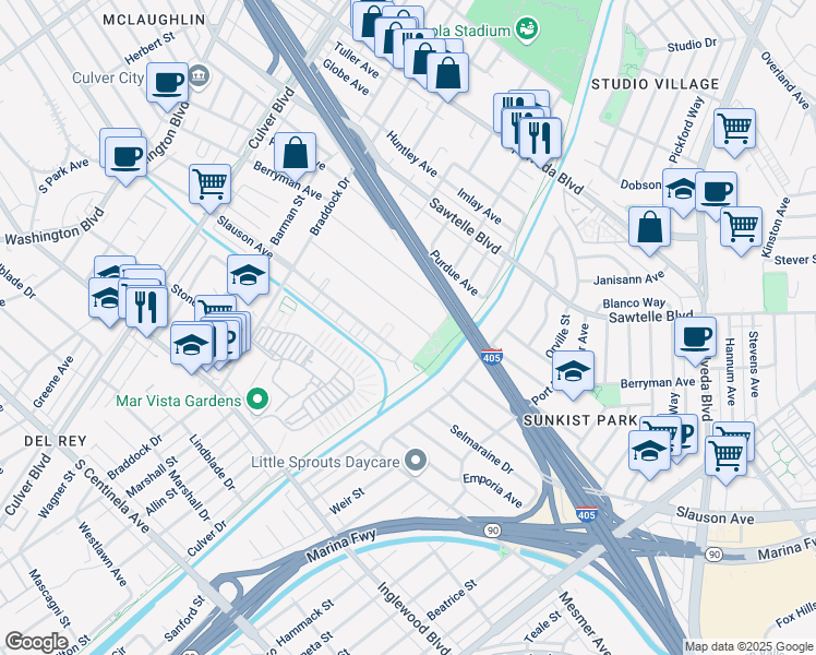 map of restaurants, bars, coffee shops, grocery stores, and more near 5015 Coolidge Avenue in Culver City
