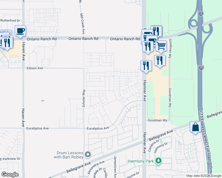map of restaurants, bars, coffee shops, grocery stores, and more near 4293 South Hermosa Paseo in Ontario