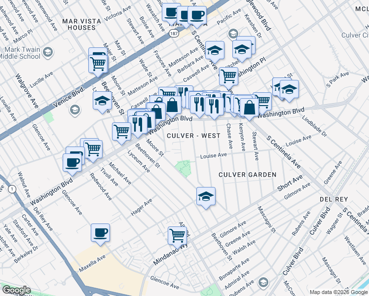 map of restaurants, bars, coffee shops, grocery stores, and more near 4124 Wade Street in Los Angeles