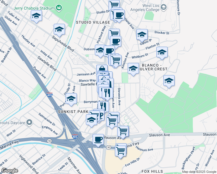 map of restaurants, bars, coffee shops, grocery stores, and more near 5424 Sepulveda Boulevard in Culver City