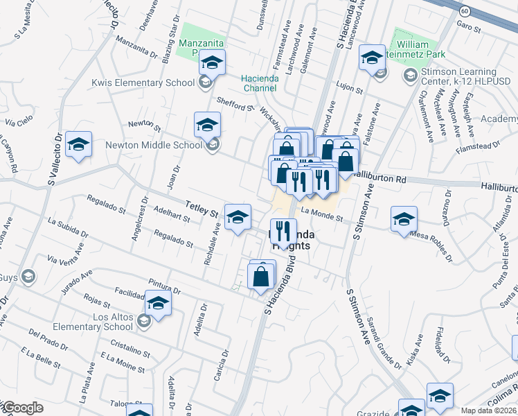 map of restaurants, bars, coffee shops, grocery stores, and more near 15727 Tetley Street in Hacienda Heights