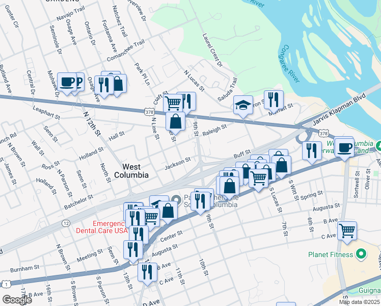 map of restaurants, bars, coffee shops, grocery stores, and more near 808 Jackson Street in West Columbia