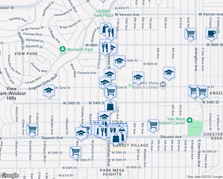 map of restaurants, bars, coffee shops, grocery stores, and more near 5301 Crenshaw Boulevard in Los Angeles