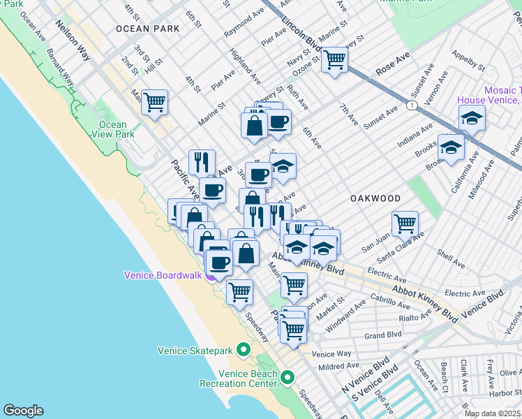 map of restaurants, bars, coffee shops, grocery stores, and more near 315 Vernon Avenue in Los Angeles