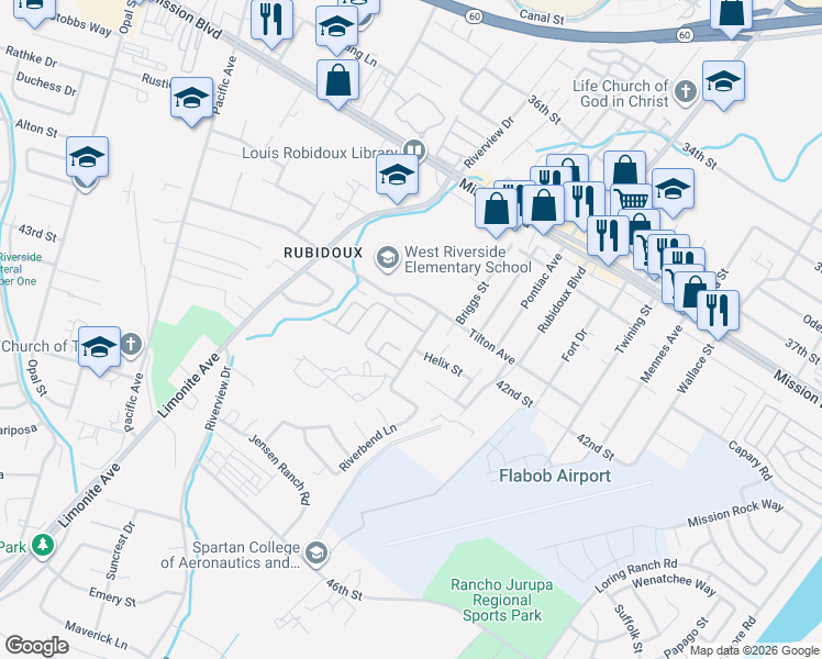 map of restaurants, bars, coffee shops, grocery stores, and more near 5762 Sky Meadow Street in Riverside