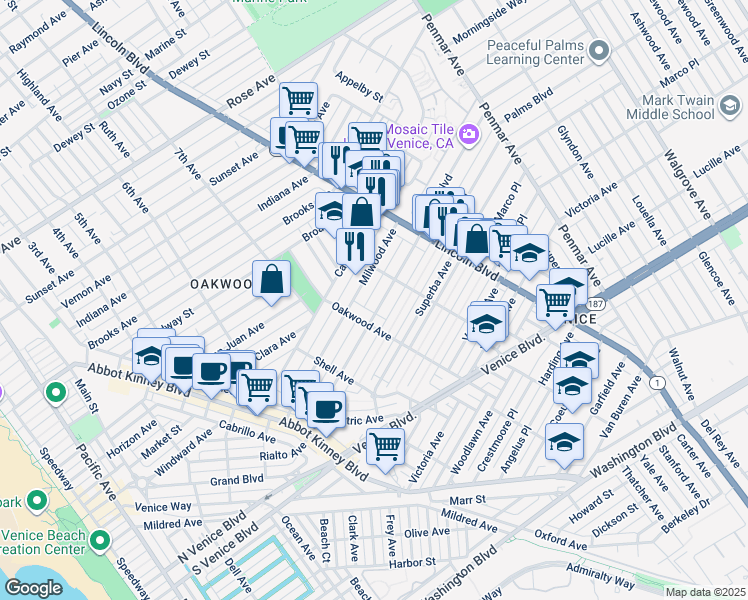 map of restaurants, bars, coffee shops, grocery stores, and more near 825 Palms Boulevard in Los Angeles