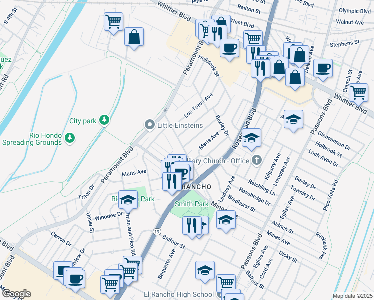 map of restaurants, bars, coffee shops, grocery stores, and more near 8803 Dunlap Crossing Road in Pico Rivera