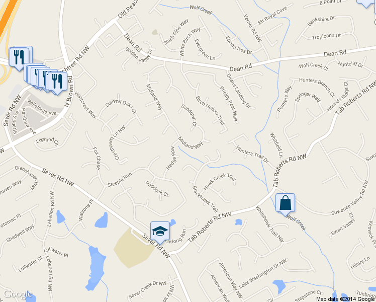 map of restaurants, bars, coffee shops, grocery stores, and more near 1220 Midland Way in Lawrenceville