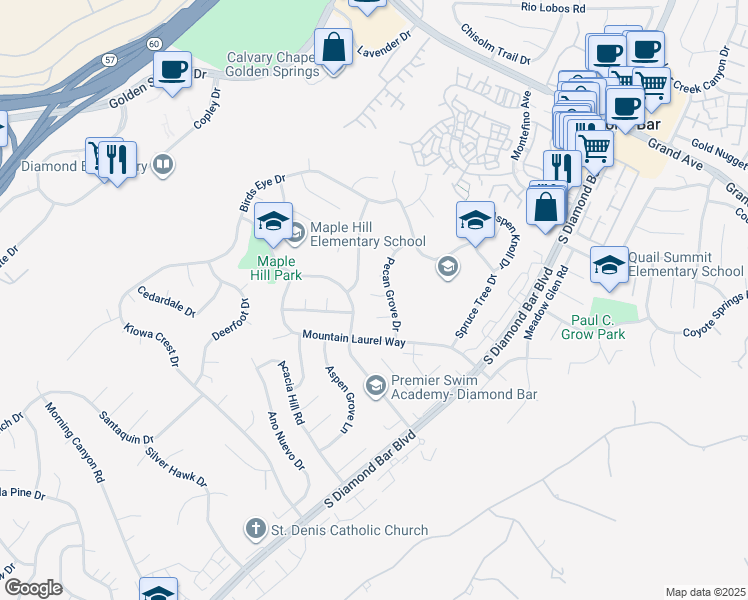 map of restaurants, bars, coffee shops, grocery stores, and more near 1427 Pecan Grove Drive in Diamond Bar