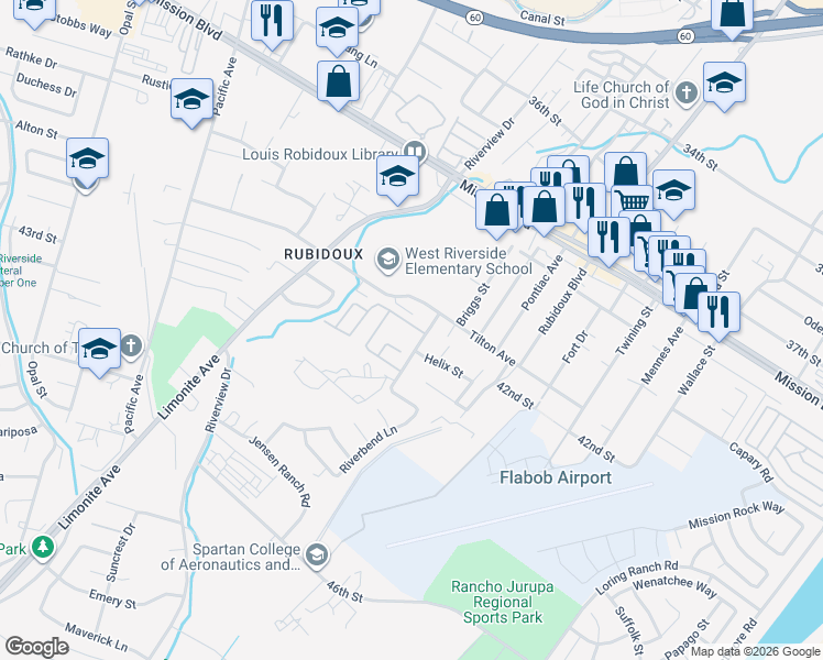 map of restaurants, bars, coffee shops, grocery stores, and more near 5762 Sky Meadow Street in Riverside