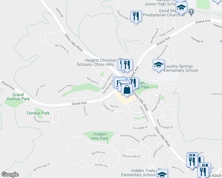 map of restaurants, bars, coffee shops, grocery stores, and more near 2049 Lakeshore Drive in Chino Hills