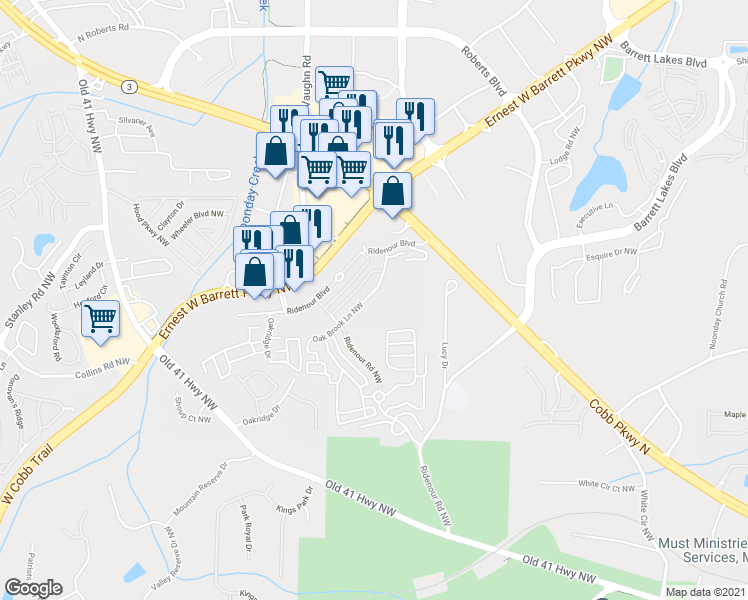 map of restaurants, bars, coffee shops, grocery stores, and more near 1748 Oak Brook Lane Northwest in Kennesaw