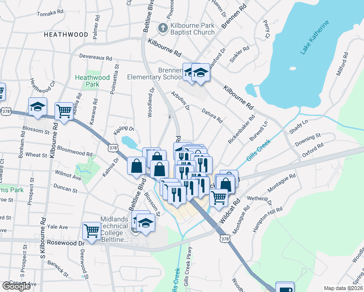 map of restaurants, bars, coffee shops, grocery stores, and more near 747 Arbutus Drive in Columbia