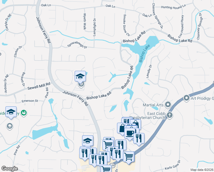 map of restaurants, bars, coffee shops, grocery stores, and more near 4255 Green Ridge Drive in Marietta