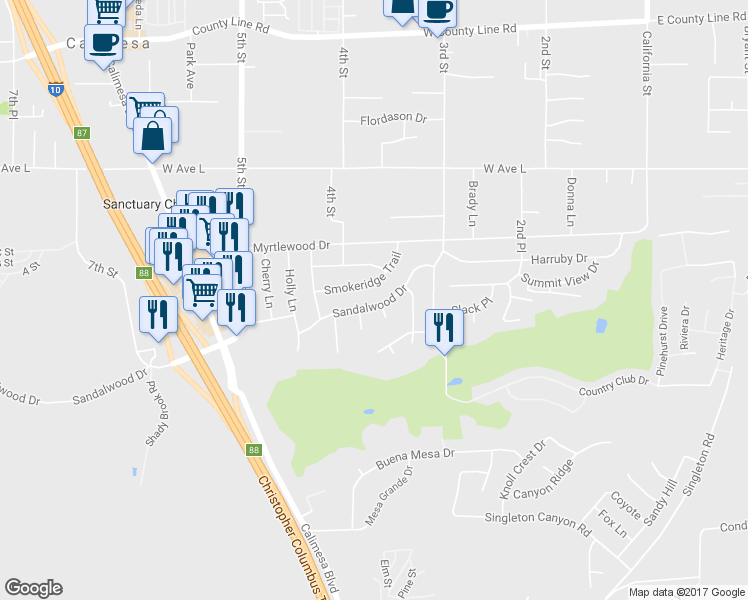 map of restaurants, bars, coffee shops, grocery stores, and more near 372 Sandalwood Drive in Calimesa