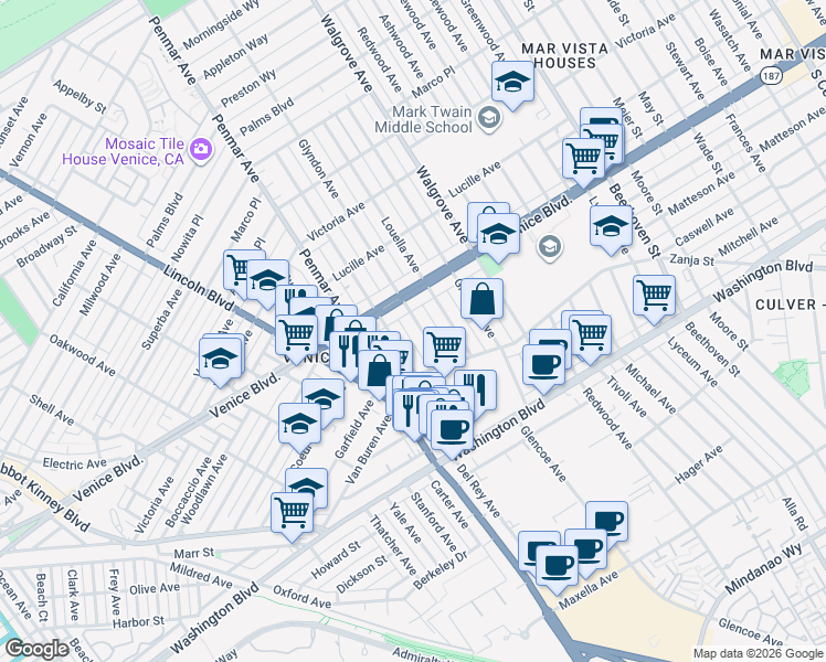 map of restaurants, bars, coffee shops, grocery stores, and more near 2440 Walnut Avenue in Los Angeles