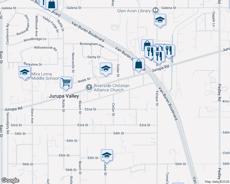 map of restaurants, bars, coffee shops, grocery stores, and more near 9445 51st Street in Riverside