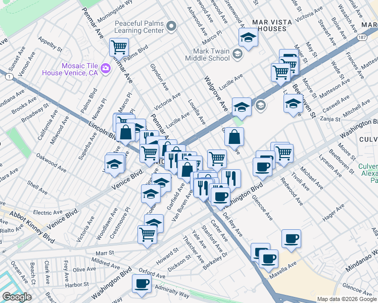 map of restaurants, bars, coffee shops, grocery stores, and more near 2419 Walnut Avenue in Los Angeles