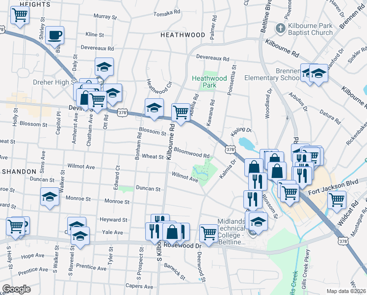 map of restaurants, bars, coffee shops, grocery stores, and more near 3825 Bloomwood Road in Columbia