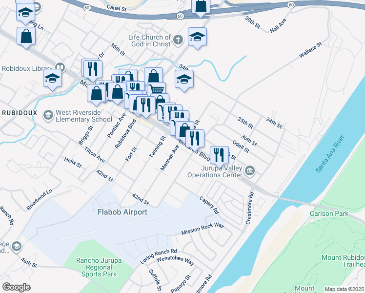 map of restaurants, bars, coffee shops, grocery stores, and more near 3854 Mennes Avenue in Riverside