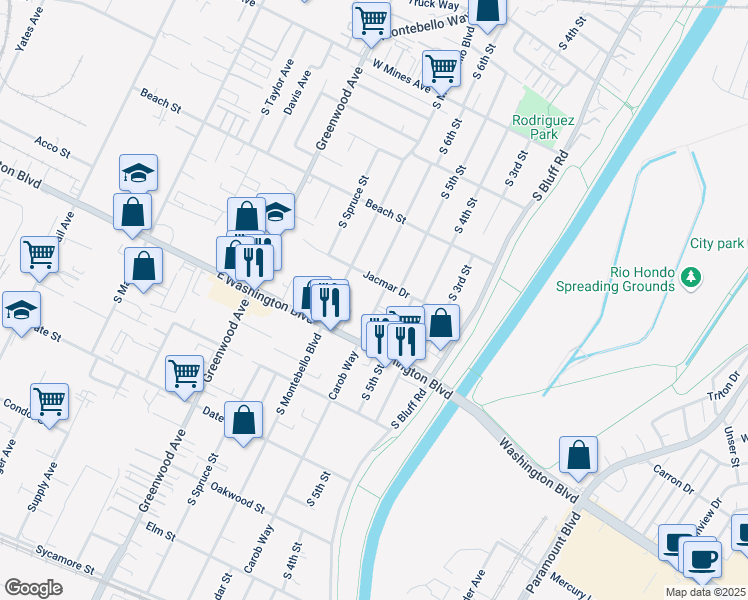 map of restaurants, bars, coffee shops, grocery stores, and more near 925 Carob Way in Montebello