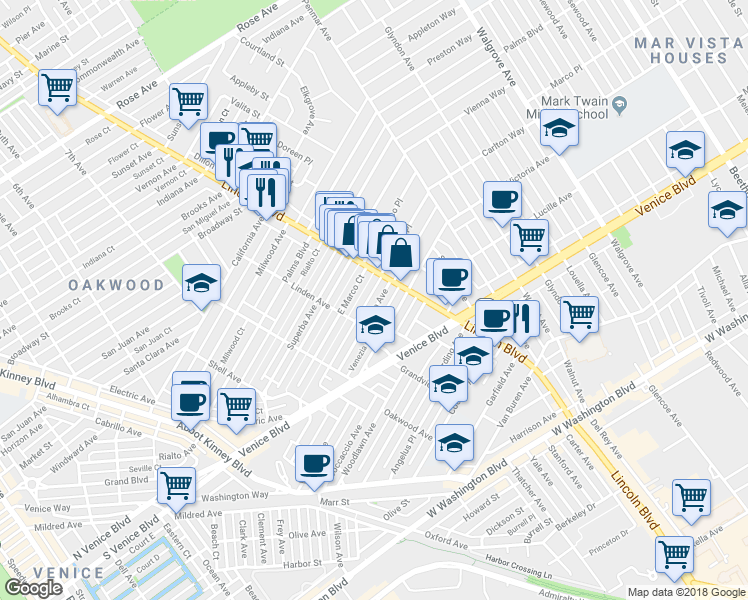 map of restaurants, bars, coffee shops, grocery stores, and more near 933 Venezia Avenue in Los Angeles