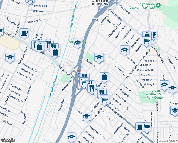 map of restaurants, bars, coffee shops, grocery stores, and more near 5838 Ben Alder Avenue in Whittier
