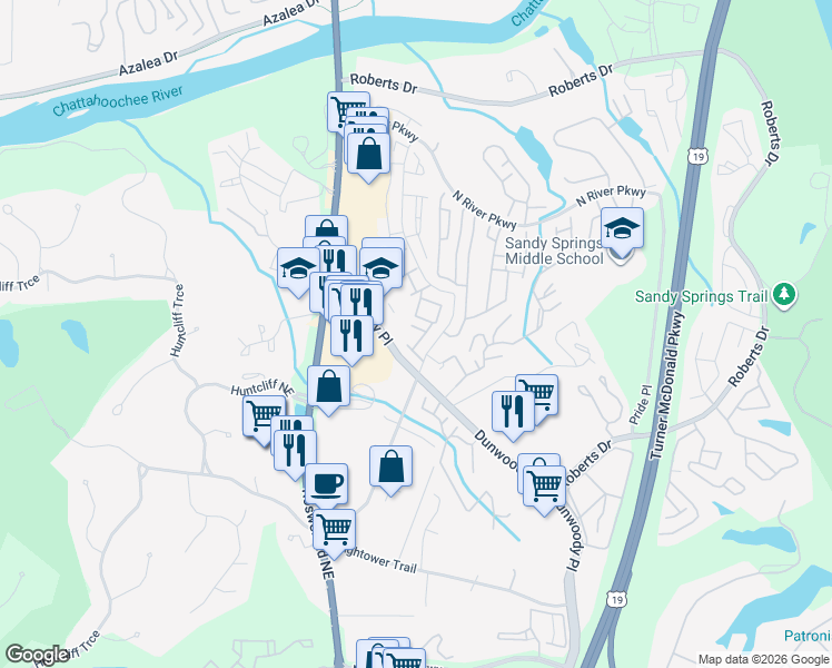 map of restaurants, bars, coffee shops, grocery stores, and more near 125 North River Drive in Sandy Springs