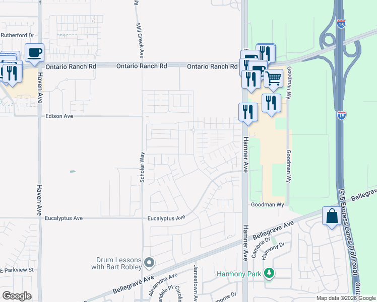 map of restaurants, bars, coffee shops, grocery stores, and more near 4277 South Hermosa Paseo in Ontario