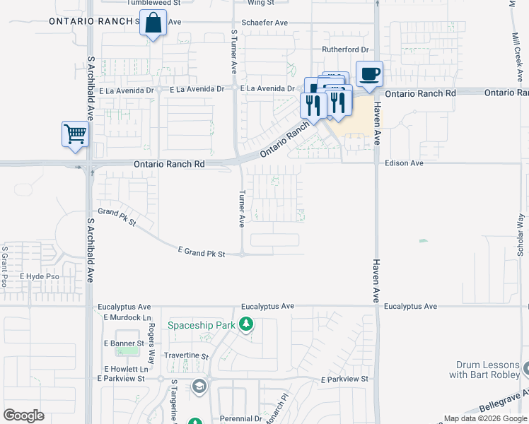 map of restaurants, bars, coffee shops, grocery stores, and more near 3153 East Yellowstone Drive in Ontario