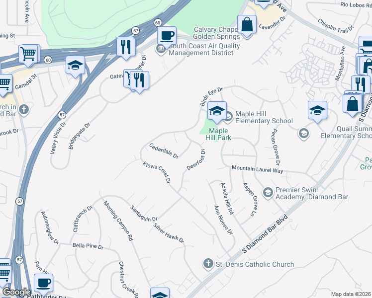 map of restaurants, bars, coffee shops, grocery stores, and more near 1521 Sunbluff Drive in Diamond Bar