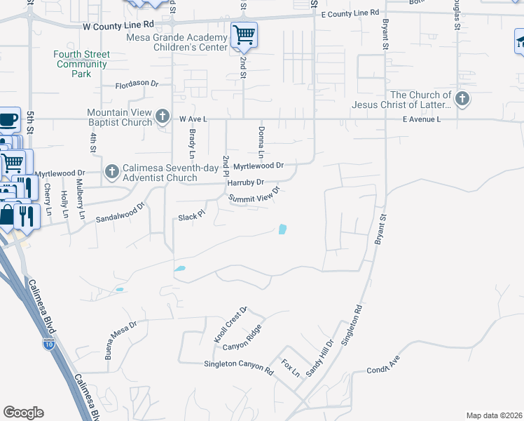 map of restaurants, bars, coffee shops, grocery stores, and more near 199 Summit View Drive in Calimesa