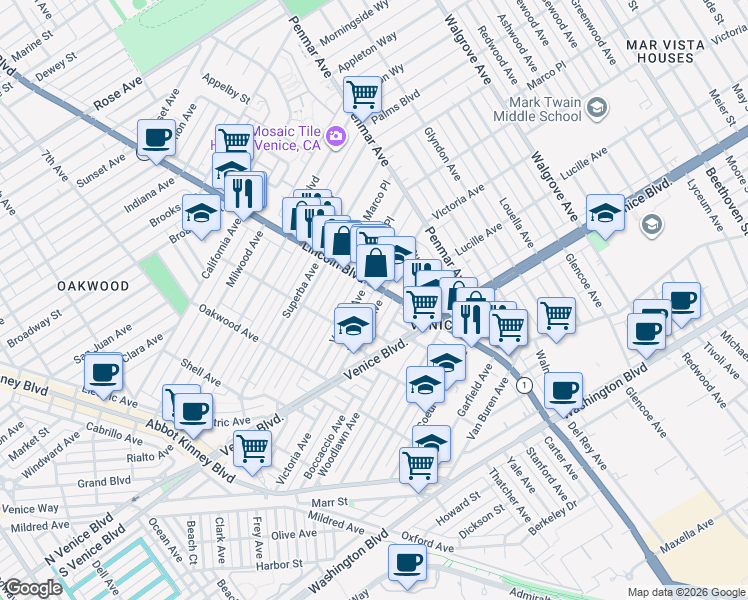 map of restaurants, bars, coffee shops, grocery stores, and more near 947 Victoria Avenue in Los Angeles