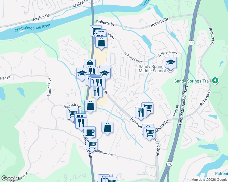 map of restaurants, bars, coffee shops, grocery stores, and more near 125 North River Drive in Sandy Springs