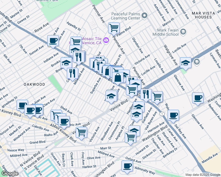 map of restaurants, bars, coffee shops, grocery stores, and more near 933 Venezia Avenue in Los Angeles