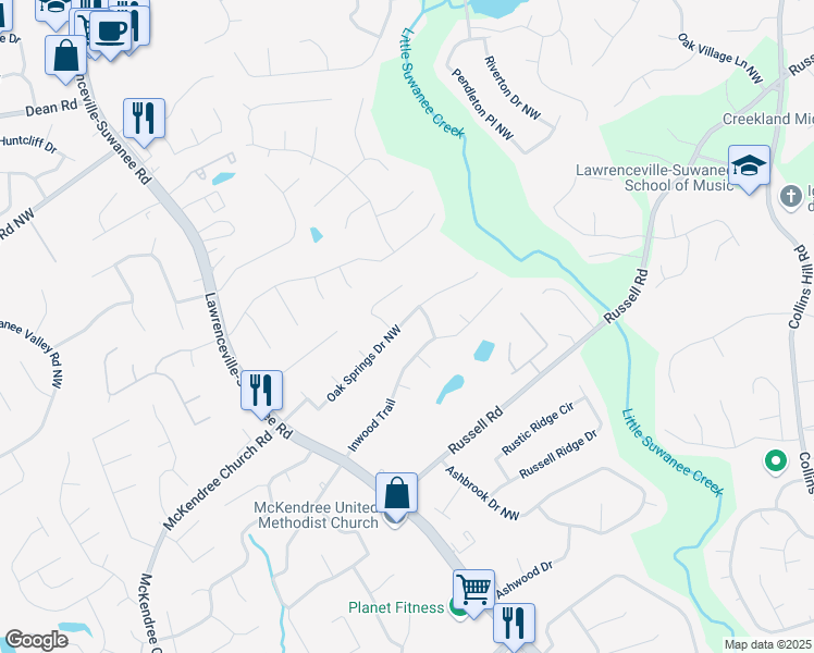 map of restaurants, bars, coffee shops, grocery stores, and more near 464 Oak Springs Drive Northwest in Lawrenceville