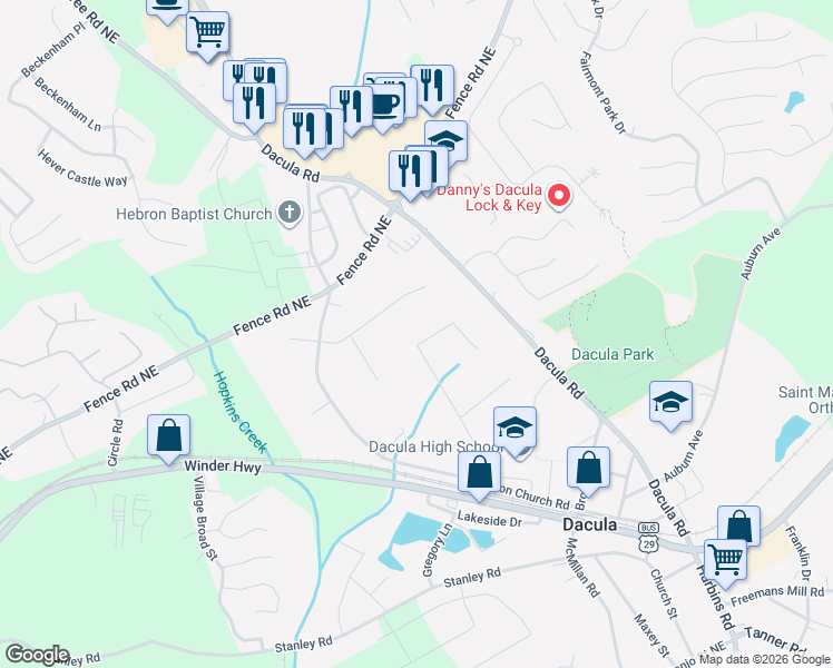 map of restaurants, bars, coffee shops, grocery stores, and more near 260 Whisper Way Northeast in Dacula