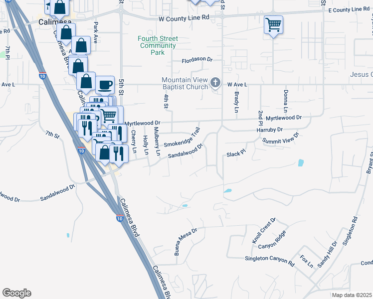map of restaurants, bars, coffee shops, grocery stores, and more near 372 Sandalwood Drive in Calimesa