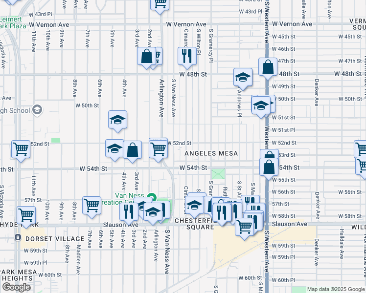 map of restaurants, bars, coffee shops, grocery stores, and more near 5207 Cimarron Street in Los Angeles